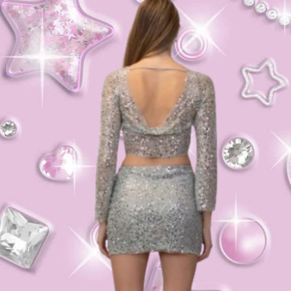 Silver Sequin Ballet Neck Top & Skirt Set
